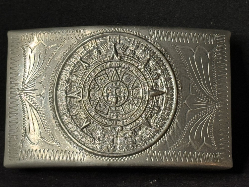Vintage Mid Century Mexican Silver Alpaca Belt Buckle Myanmar Sun Tribal Design