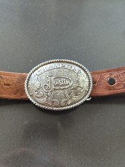 Justin Leather Belt Size 22 Brown Tooled Champion Buckle Western Rodeo 811BR GB3