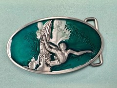 Surfer Riding A Wave Hang 10 Oval Aqua Ocean Sea Blue Color Belt Buckle