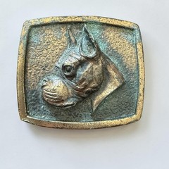 Bergamot Brass Works D & E Elkhorn WI 1975 Boxer Dog Belt Buckle 2.5”