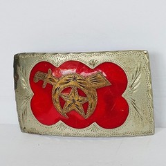 Vtg 70s Shriners Masonic Belt Buckle Red Silver Gold Scimitar Crescent Western