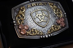 Ariat Western Belt Buckle Rectangle Floral Logo Silver & Gold Tone A37066