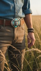 Men Western Belt Buckle Silver Metal Bear Hunter Country Chic Casual Jeans Pants