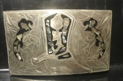 SILVER BELT BUCKLE ABALONE Cowboy Boot INLAYS MARKED ALPACA