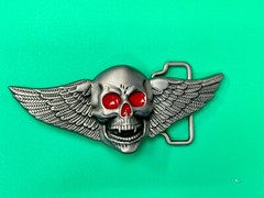 Skull With Fangs And Bright Red Eyes Cutout Large Wide Belt Buckle