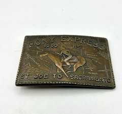 Vintage Brass Pony Express St. Joe To Sacramento Belt Buckle 3 1/2&Prime; Bronze Tone
