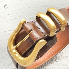 VTG Brighton Leather Belt Size M Brown Gold Buckle USA Made Chunky Double Keeper
