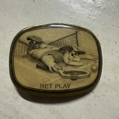VINTAGE ANTIQUE METAL BELT BUCKLE- Playing Tennis Sport Net Play Cartoon Man Dad
