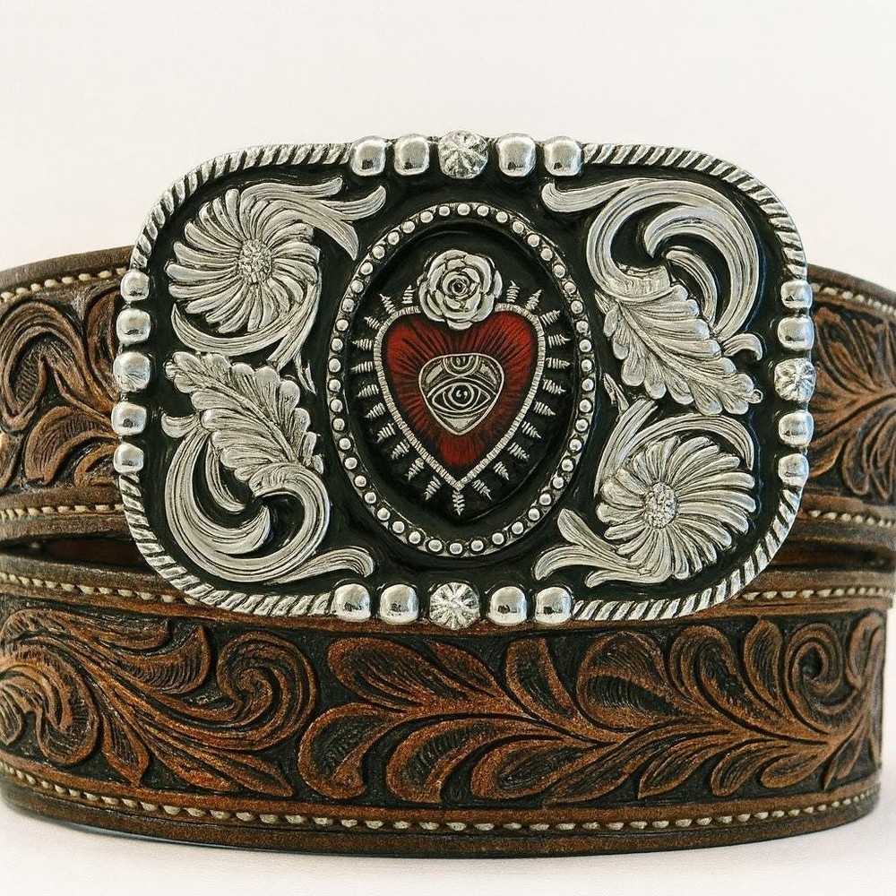 Western Sacred Heart Belt Buckle Valentines Rose Crown Mexican Art Accessory