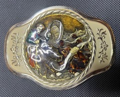 MBCI Belt Buckle Mens Gold Tone Western Cowboy Rodeo Roping Longhorn Enamel
