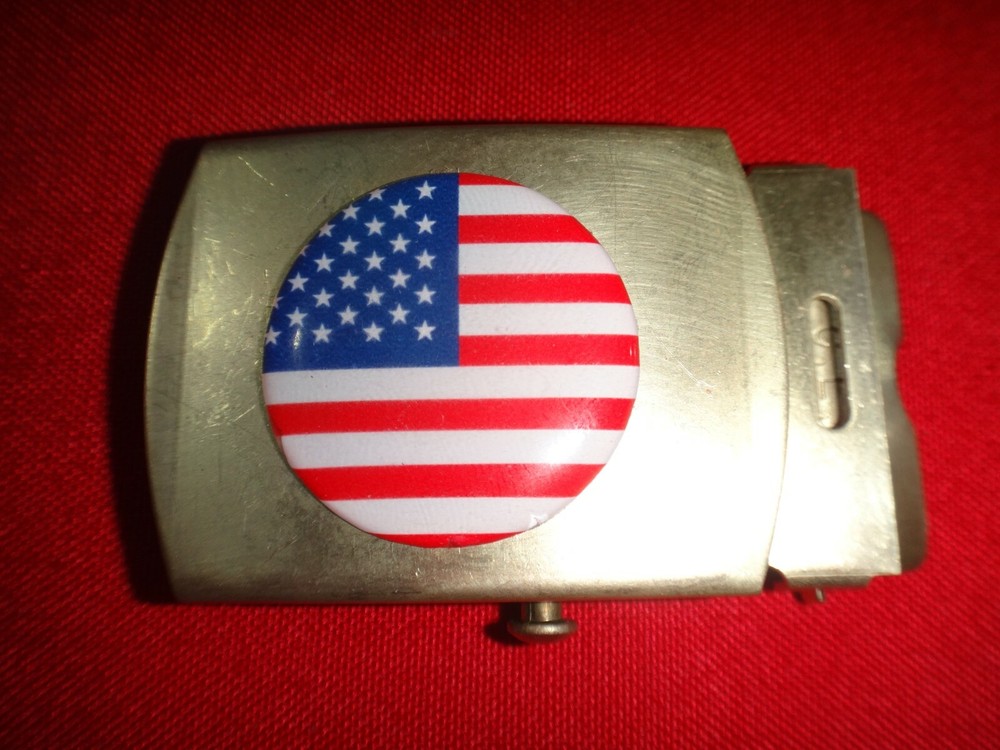 UNITED STATES OF AMERICA Flag Domed Emblem Brass Belt Buckle, Made In USA