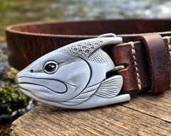 Graywolf Trout‑Head Belt Buckle • Antique Nickel / Silver • 3D Metal Fish Buckle