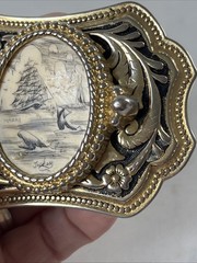 Hand Etched Belt Buckle With Clipper Ship Whales Hawaii Nautical