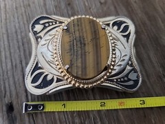 Vintage Brown Tiger Eye Country Western Mens Cowboy Belt Buckle 3&Prime; Gold Tone VGC