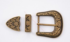 Western Belt Buckle Three Piece Set Antique Brass Floral Design Unisex 1 1/2&Prime;