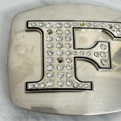 Rhinestone Studded F Letter Initial Monogram Silver Tone Belt Buckle