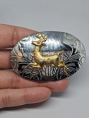 VTG Belt Buckle Crome Carved Silver Gold Belt Buckle Elk Deer Doe Shiny