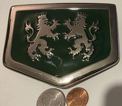 Vintage Metal Belt Buckle, Super Thick Metal, Green Enamel Chrome, Lions, Royal