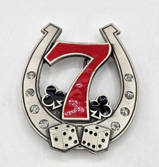 Pewter Belt Buckle Gamble Lucky 7 Horseshoe Dice Rhinestones Las Vegas
