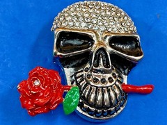 Multi Rhinestones Make Up Skull Holding Red Rose In Teeth! Belt Buckle