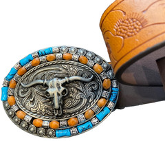 Western Longhorn Skull Belt Buckle Turquoise Coral Style Silver Tone Cowboy 4&Prime;