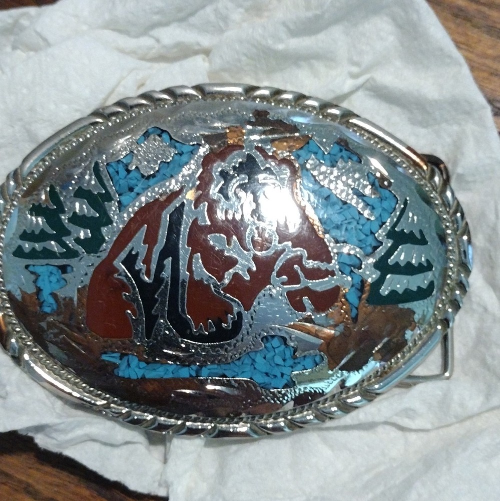 Men&rsquo;s Oval Western Metal Belt Buckle Silver Tone Blue Inlay Engraved 1.5in