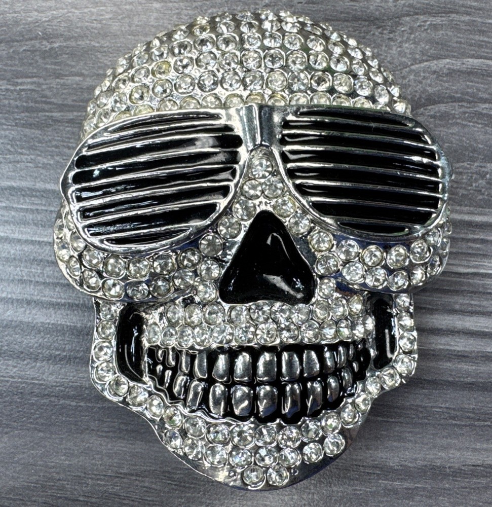 Skull Belt Buckle Wearing Sunglasses Silver Finish Clear Stone