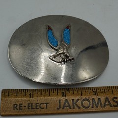 Vintage Eagle Belt Buckle Silver Tone Oval Turquoise Red Inlay Western Fits 2in