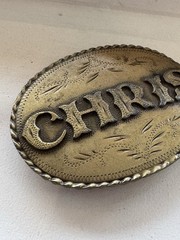 Spec-Cast Vintage CHRIS Oval Western Engraved Cowboy Belt Buckle Gold 1981