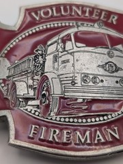 Vintage 1979 Volunteer Fireman Belt Buckle Pewter Red Enamel Engine 17