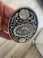 Turquoise Western Belt Buckle Engraved Silver Oval Cabochon Cowboy Rodeo Style