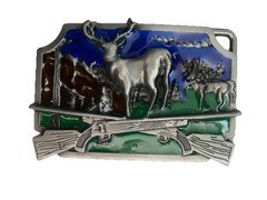 Deer Hunting Belt Buckle Rifles Metal Blue Green Enameled Nice!