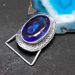Blue Sapphire Belt Buckle Silver Plated Filigree Western Boho Statement Men
