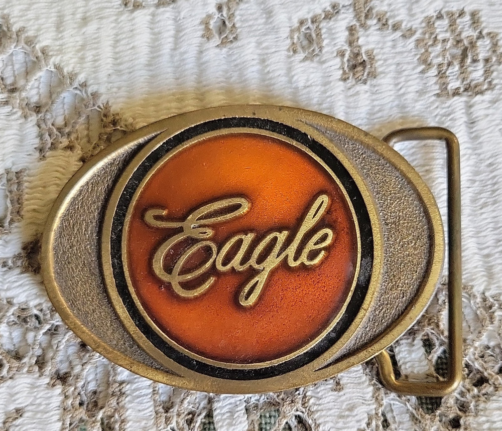 Gold-Tone Oval Western Belt Buckle w/ Orange Eagle Logo, Fits 1.5in Belt