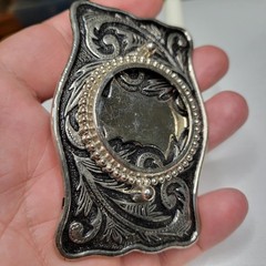 Vtg Silver Dollar Coin Gem Stone Holder Bezel Belt Buckle Black Inlay nos estate