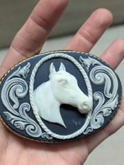 vintage CAMEO belt buckle HORSE handcrafted INCOLAY STONE equestrian WESTERN