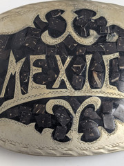 Vintage Mexico Alpaca Silver Mosaic Inlay Oval Belt Buckle Western Boho Unisex