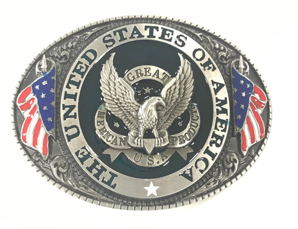 United States of America Bald Eagle Belt Buckle, Flag, USA, Antique Silver Tone