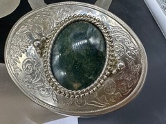 ESTATE SILVER TONE BELT BUCKLE GREEN AGATE SOUTHWESTERN STYLE MEN WOMEN UNISEX
