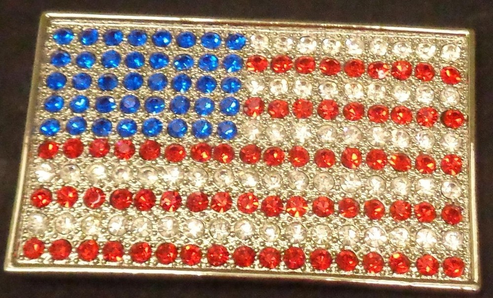 Nice Patriotic U.S Flag Belt Buckle – Silver Tone – Glass Sparkling Beads – VGC