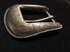 Vintage Western Style Belt Buckle Silver Tone Engraved Scroll & Flowers