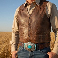 Men Silver Big Metal Buckle Aztec Western Mayan Style Turquoise Blue Beads Color