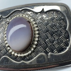 Vintage Western Style Oval Stone Belt Buckle Silver Tone Woven Pattern
