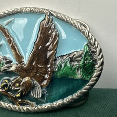 Vintage Eagle Landing On Branch Painted Metal Belt Buckle Silver Tone Nature