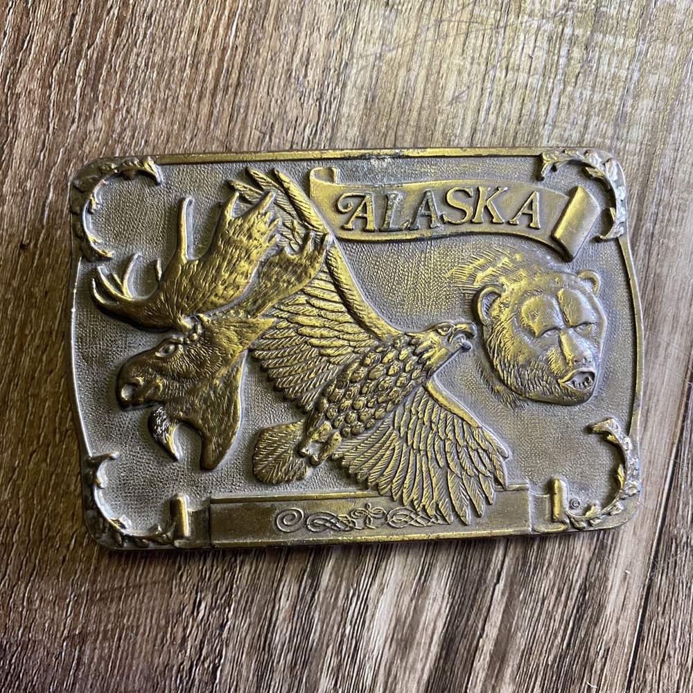 Vintage A.C.E Alaska Collectors Series Belt Buckle Bronze Tone Moose Eagle Bear