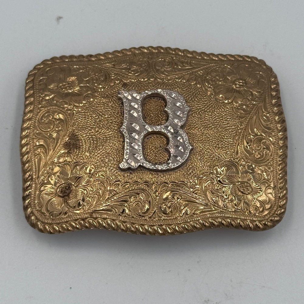 Crumrine El Arturo Bronze Western Belt Buckle Floral Engraved Initial B Vintage