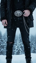 Men / Women Buckle Silver Skull Skeleton Halloween Black Big Oval Gothic Rocker