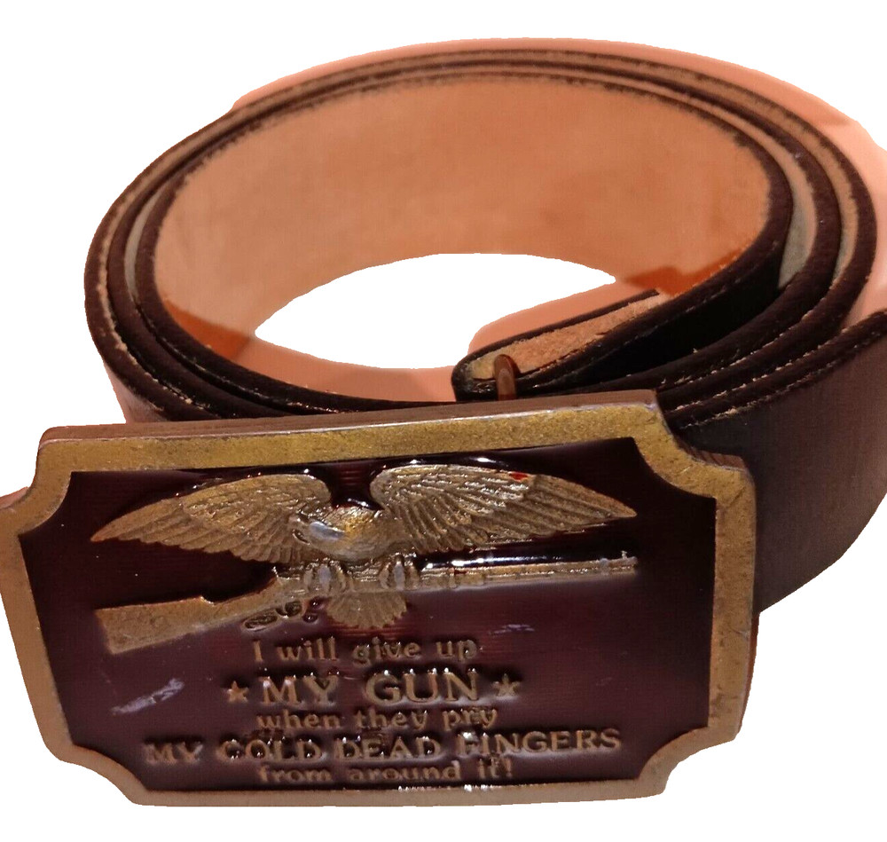 Men Belt Black Brass Buckle MY GUN Indiana Metal Craft 1977 Vintage 43in Clean