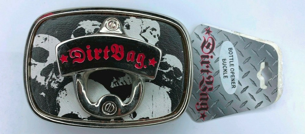 NEW DIRTBAG BOTTLE OPENER SKULLS BLACK WHITE & RED BELT BUCKLE