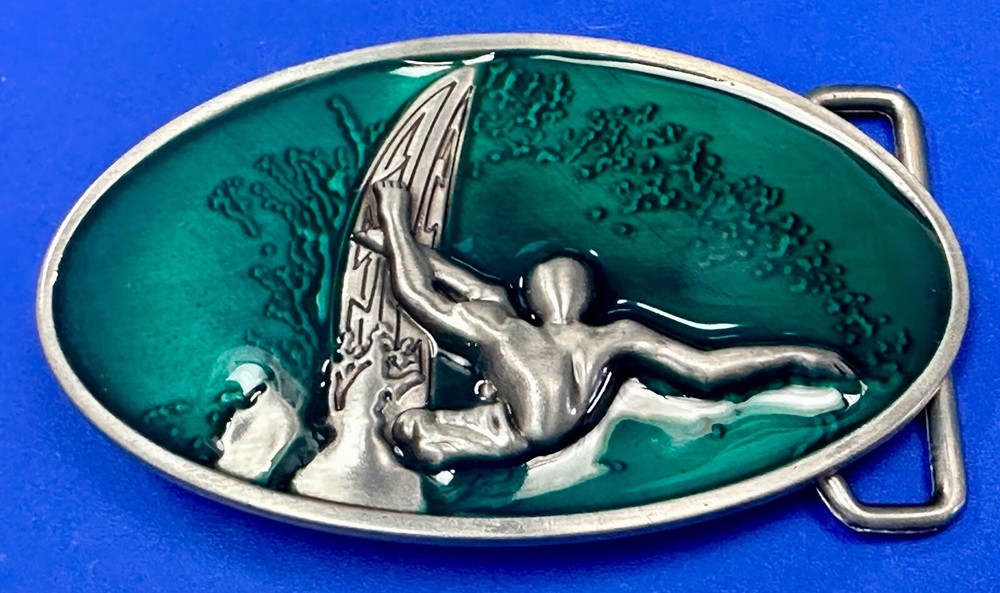 Surfer Riding A Wave Hang 10 Oval Aqua Ocean Sea Blue Color Belt Buckle